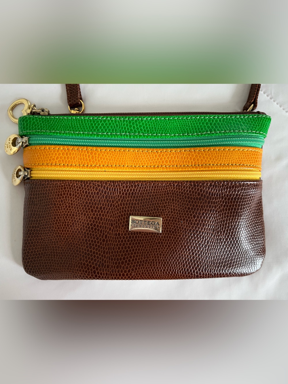 Bottega Fiorentina Italian Brown Leather Crossbody Bag w Green, Orange, Yellow